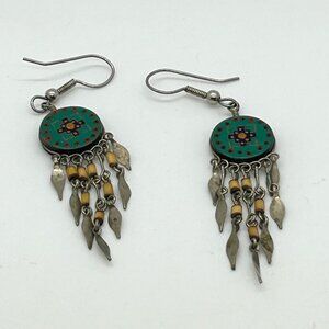 Vintage Southwestern Dangle Earrings Hand Painted Tribal Boho Geometric Fringe